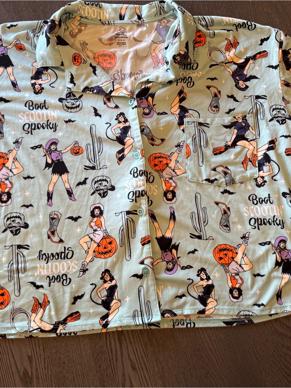 Mint Green Halloween Pinup Short-Sleeve Pajama Top